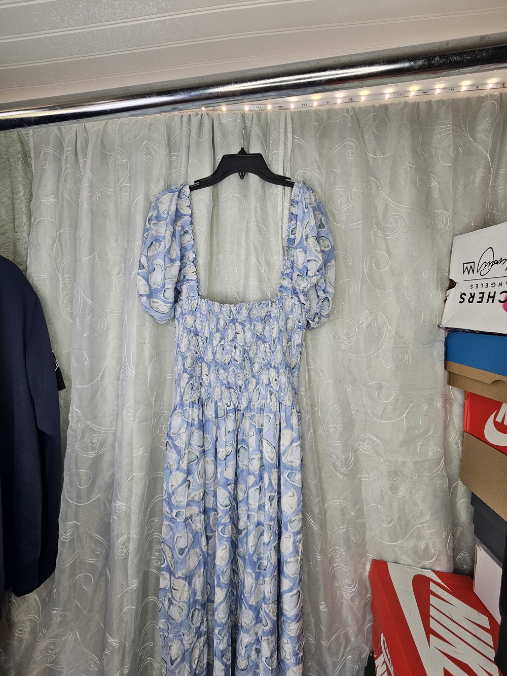 Kenny Flowers The Nantucket Smocked Maxi Oyster Dress Floral Blue & White XL NWT